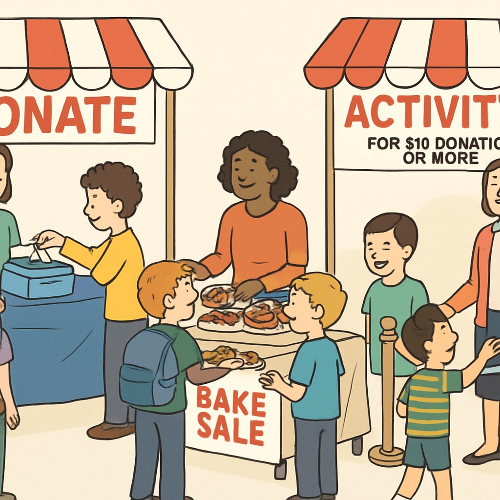 A photo depicting a school fundraising event, with students and parents participating, but with visible distinctions in activities or access based on donation levels. School fundraising event showing distinctions in privileges based on donation levels.