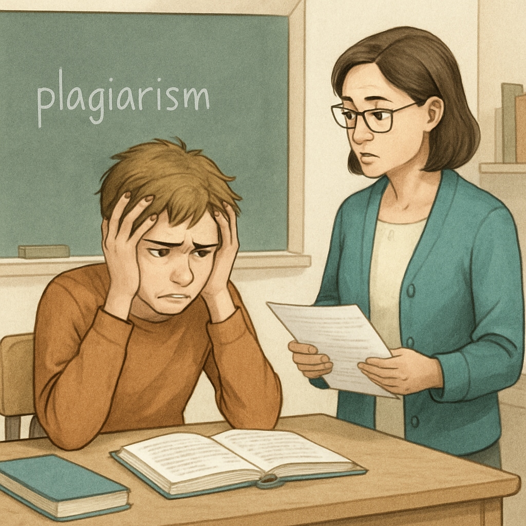 A student visibly frustrated while discussing a false plagiarism accusation with a teacher. A student addressing a plagiarism accusation due to unreliable AI detection tools.