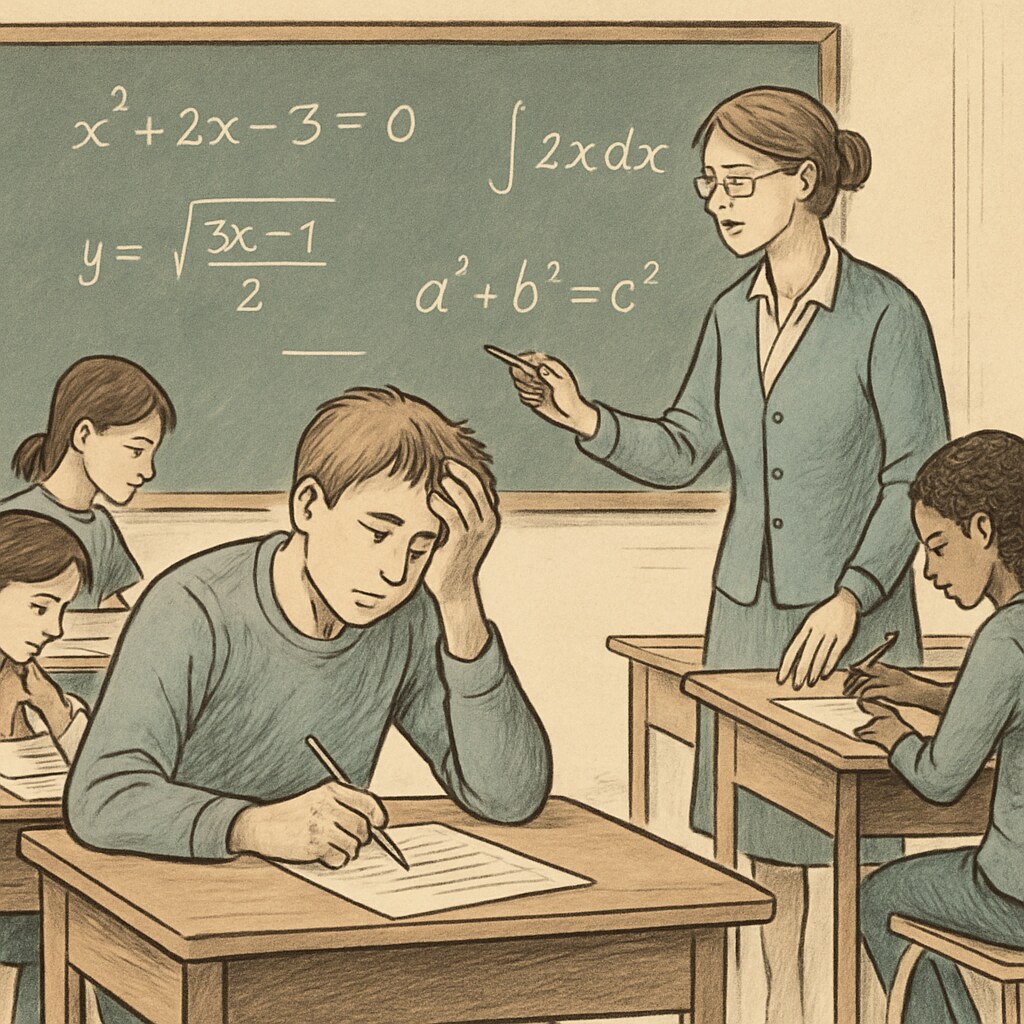 A classroom setting with students focused on solving maths problems, illustrating the challenges of resits. Students working on GCSE Maths problems during a classroom session.