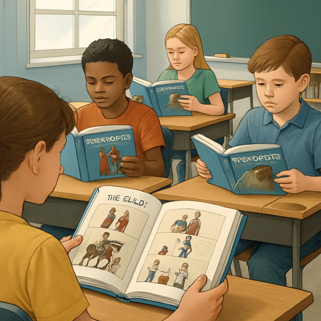 A classroom with students reading social studies textbooks, focusing on historical depictions of class systems. Students learning about social class systems in social studies textbooks.