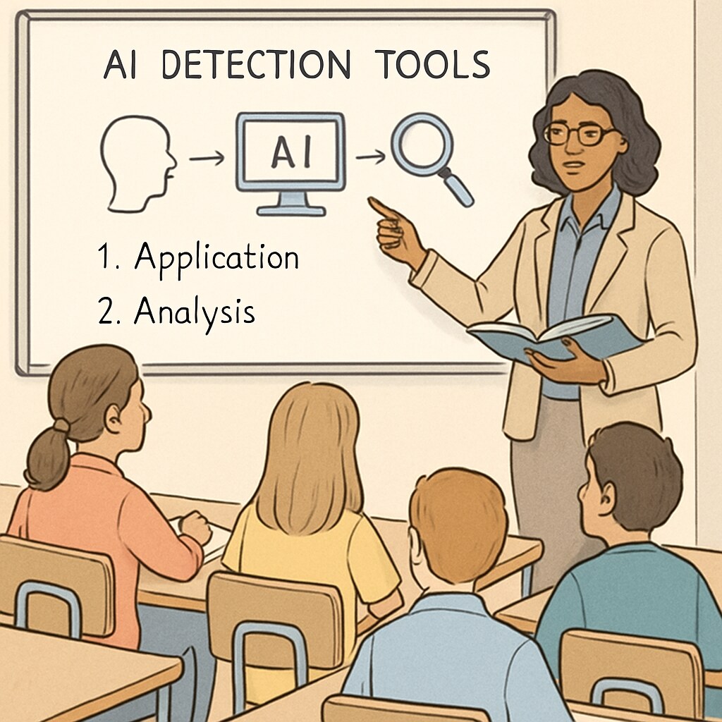 An educator explaining AI detection tools to a classroom of students. An educator discussing AI detectors and academic integrity with students.