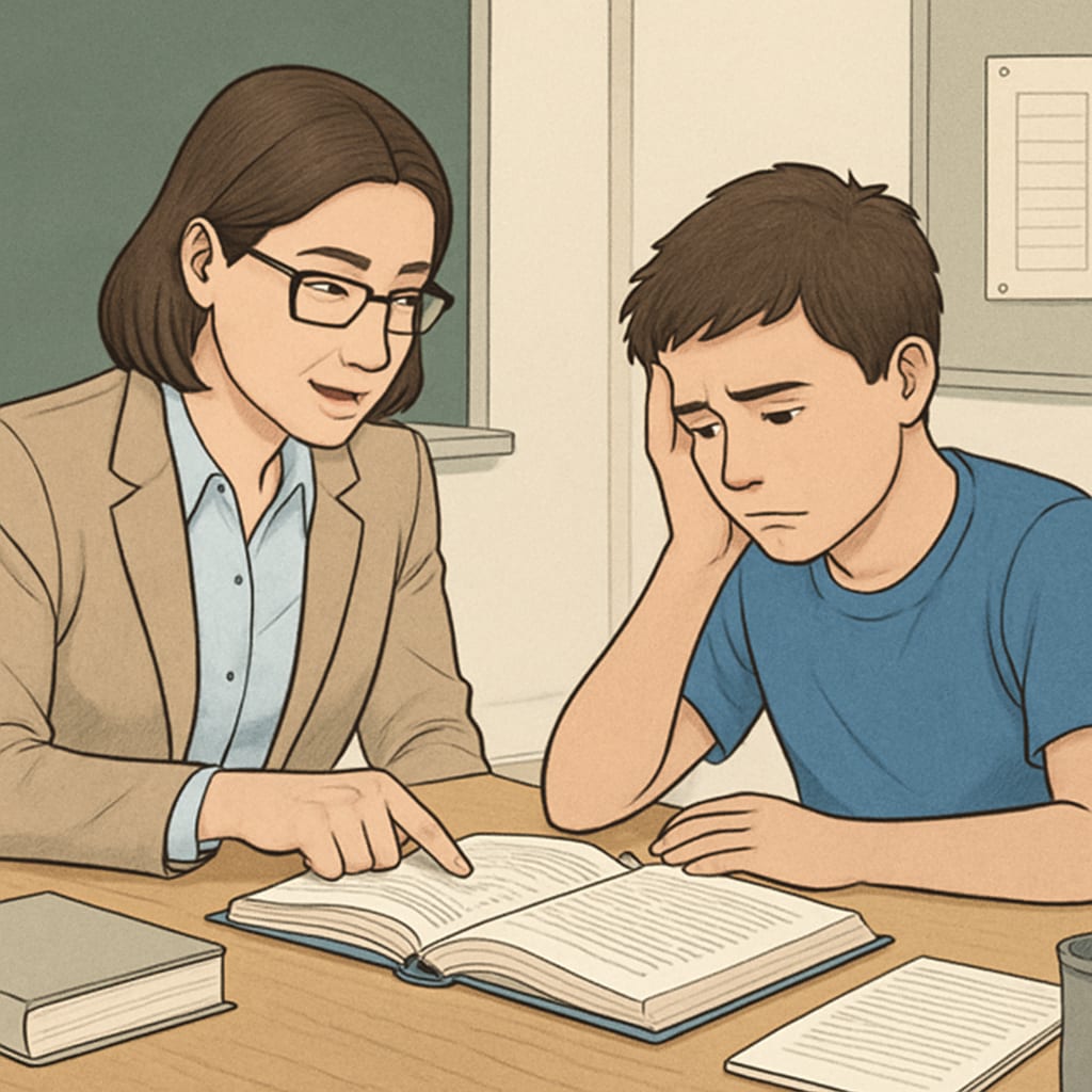 A teacher assisting a struggling student in a one-on-one tutoring session to demonstrate personalized support. Personalized tutoring session to help students retaking GCSE Maths.