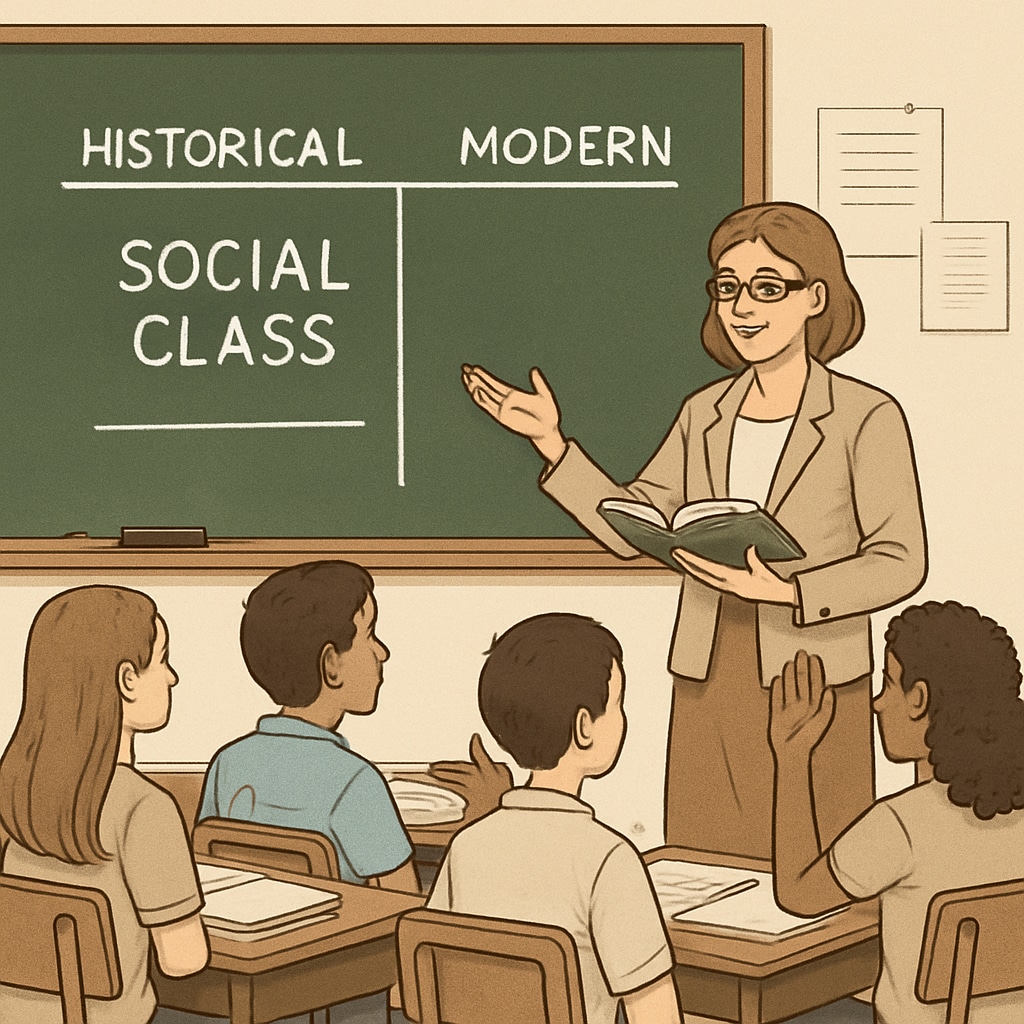 A teacher guiding students through a discussion on historical and modern social class systems. A teacher explaining social class systems to students in a classroom.