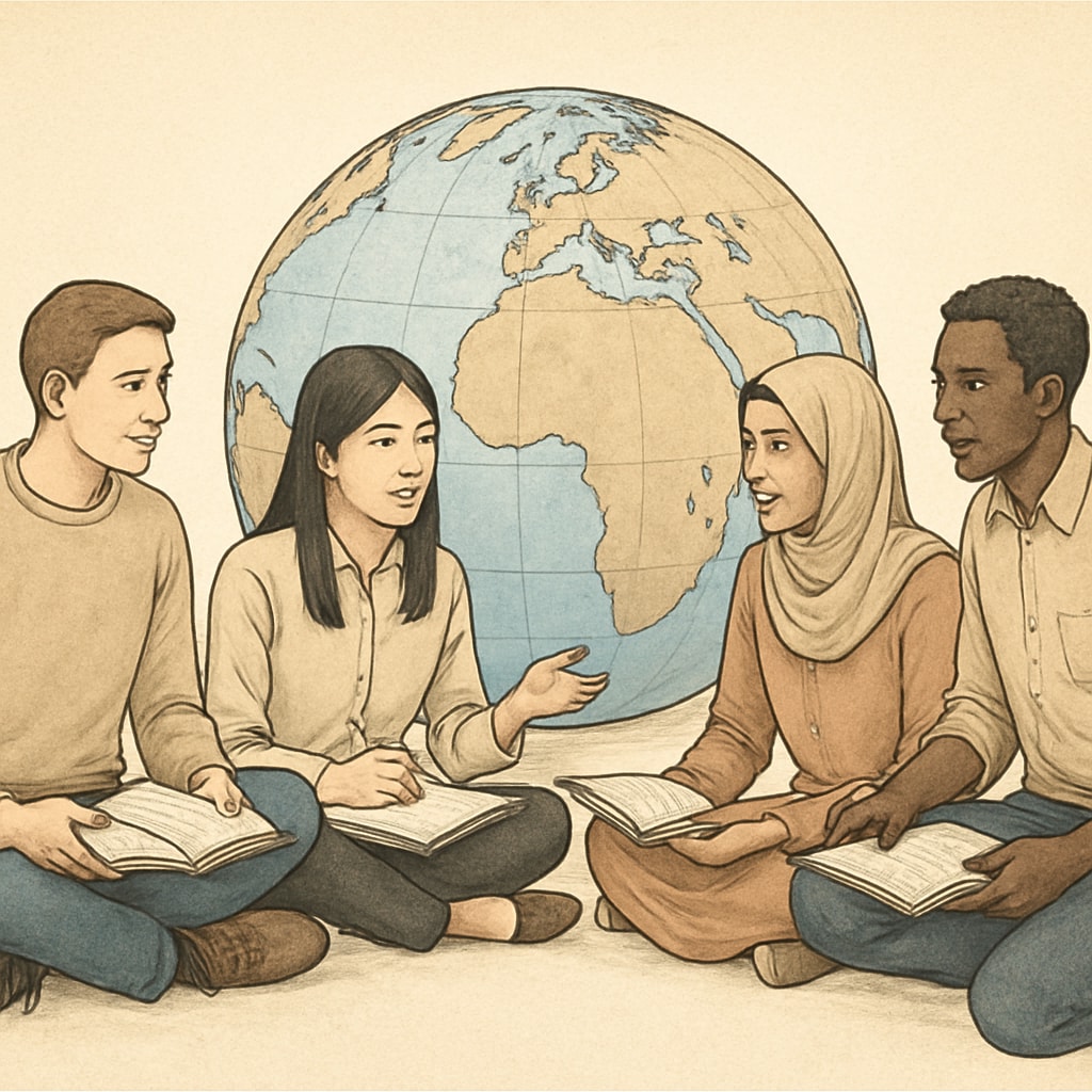 A diverse group of international students gathered around a globe, symbolizing global education differences. International students highlighting global education year gap.