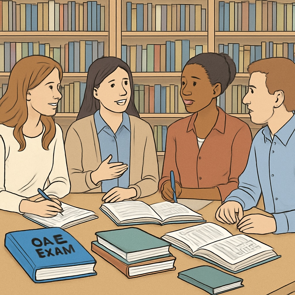 A group of aspiring teachers discussing OAE exam content in a library. Teachers preparing for the OAE exam in a collaborative study session.