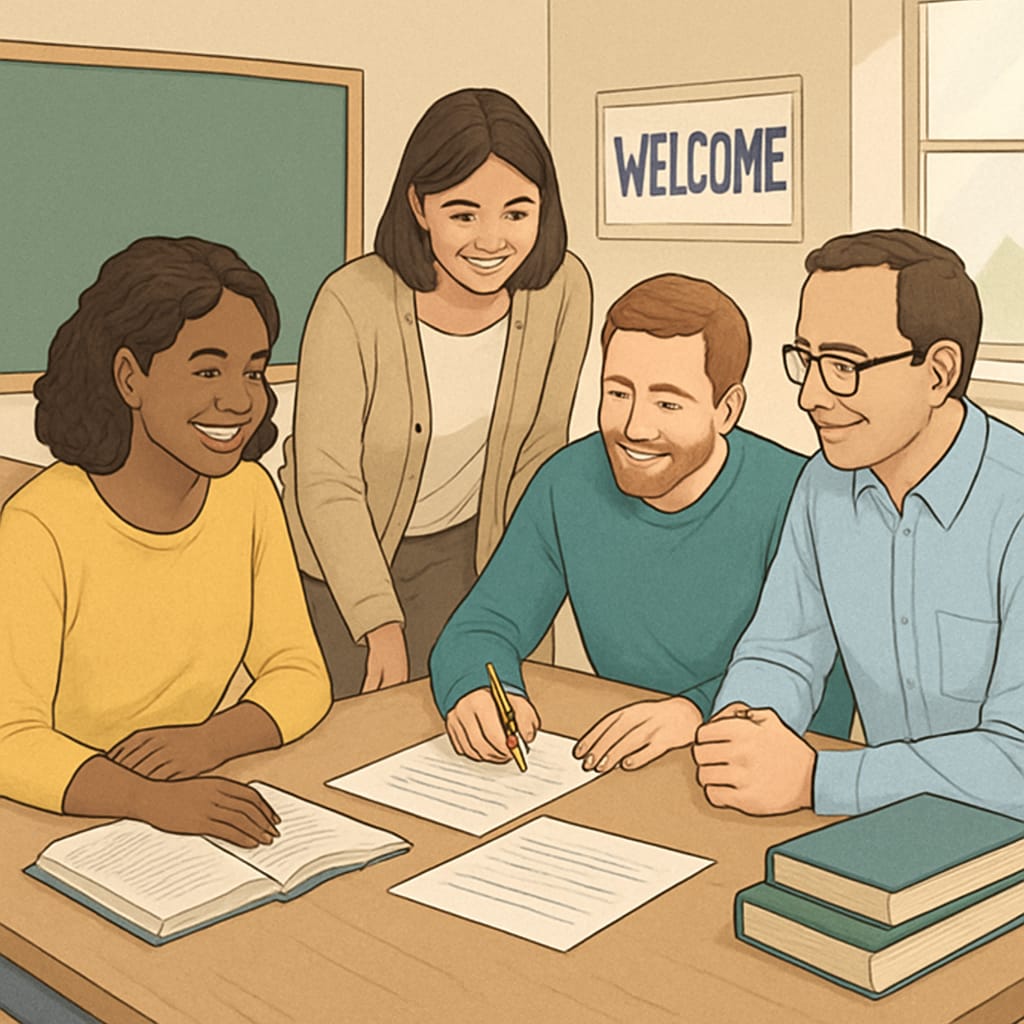 Adults in a classroom setting, showcasing collaborative learning and support.