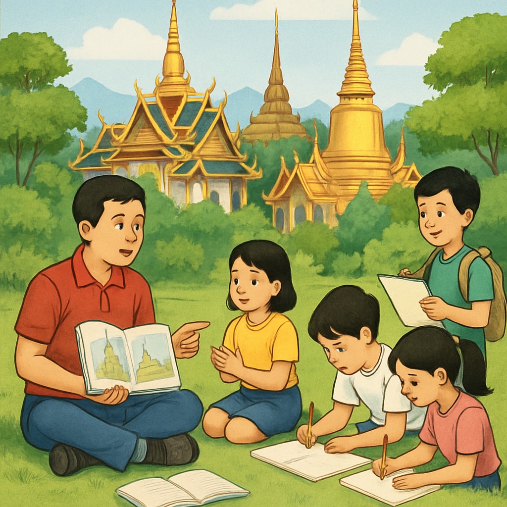 Students learning outdoors near Thai temples during the English summer camp.