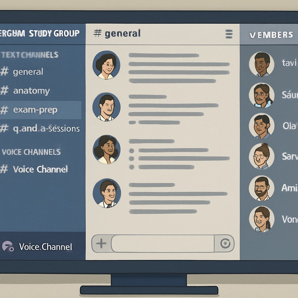 Discord study group interface for nursing students, featuring organized topic channels.