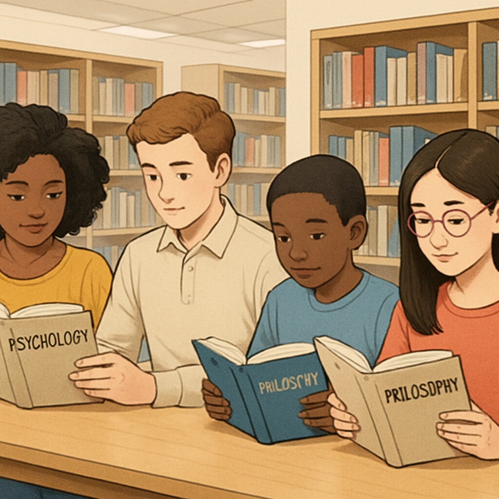A diverse group of students reading psychology and philosophy books together in a library setting. Students exploring psychology and philosophy books