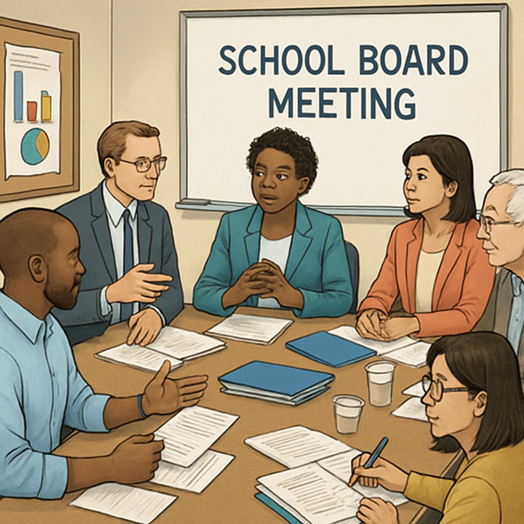 A diverse school board meeting with members engaging in discussion about educational policies. School board members discussing educational policies and reforms.