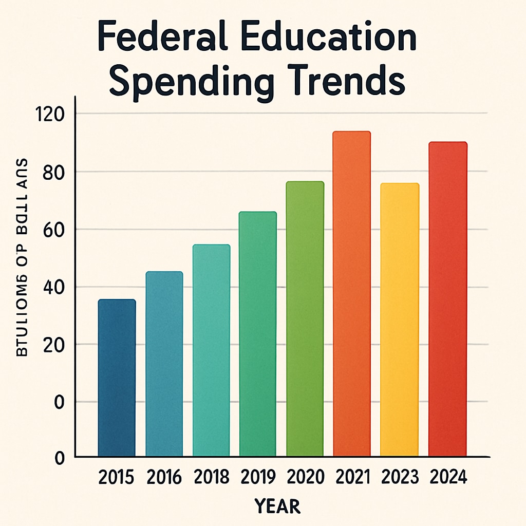 A bar graph depicting federal education spending trends from 2015 to 2024, illustrating annual changes in funding allocation. Federal education spending trends 2015-2024 bar graph