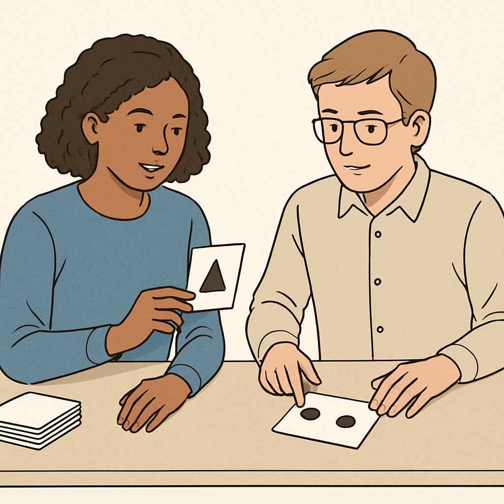 Two students performing a simple psychological experiment with flashcards at a table. Students conducting a psychological experiment