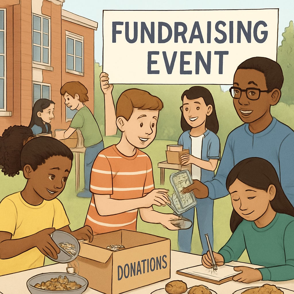 A diverse group of students participating in a school fundraising event, highlighting inclusivity and collaboration. School fundraising event with diverse students, promoting inclusivity.