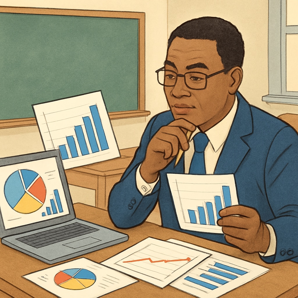 A school board member reviewing educational data charts to make informed decisions. School board member analyzing data for informed decision-making.