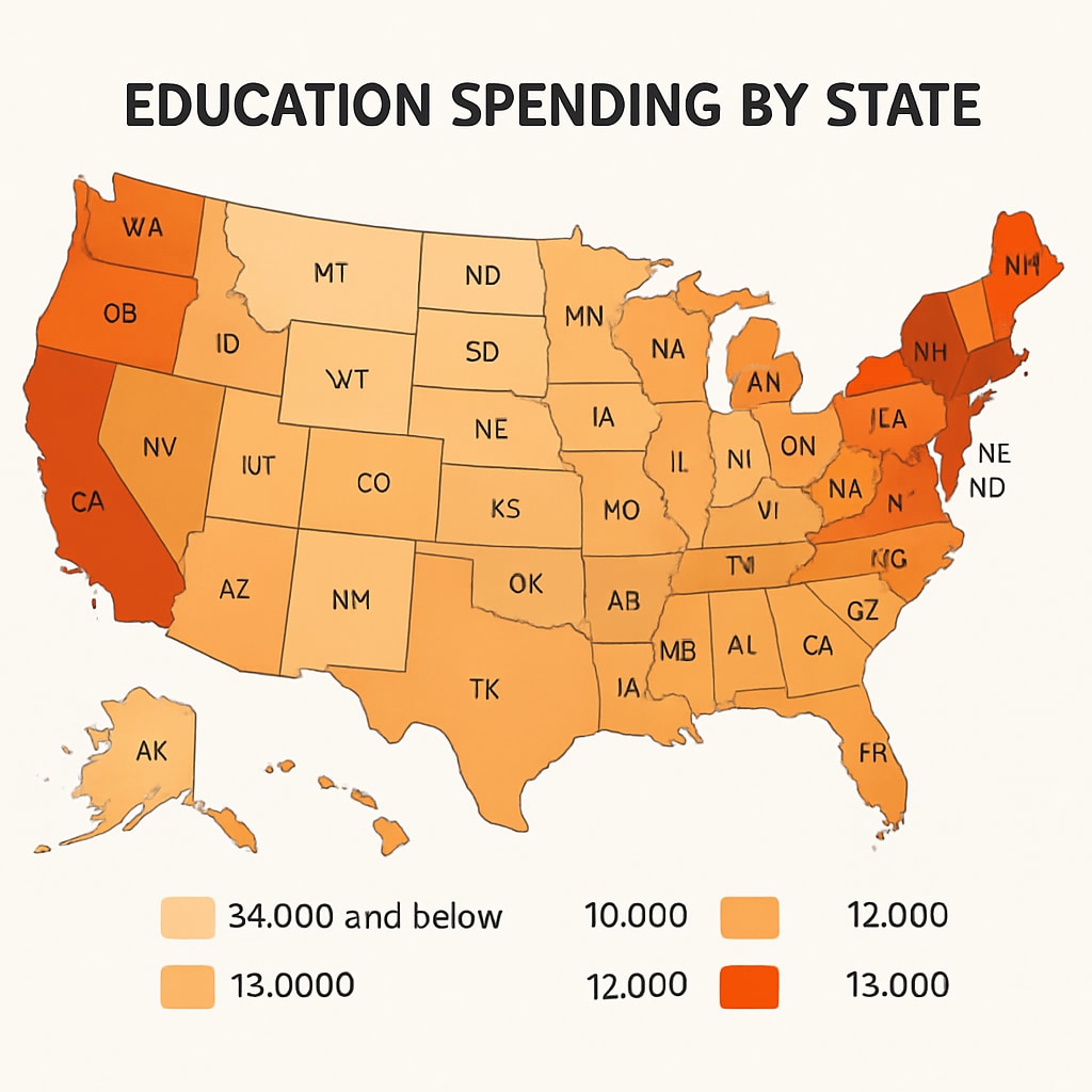 A map of the United States highlighting state-by-state education spending levels in a heatmap format. U.S. state-by-state education spending heatmap