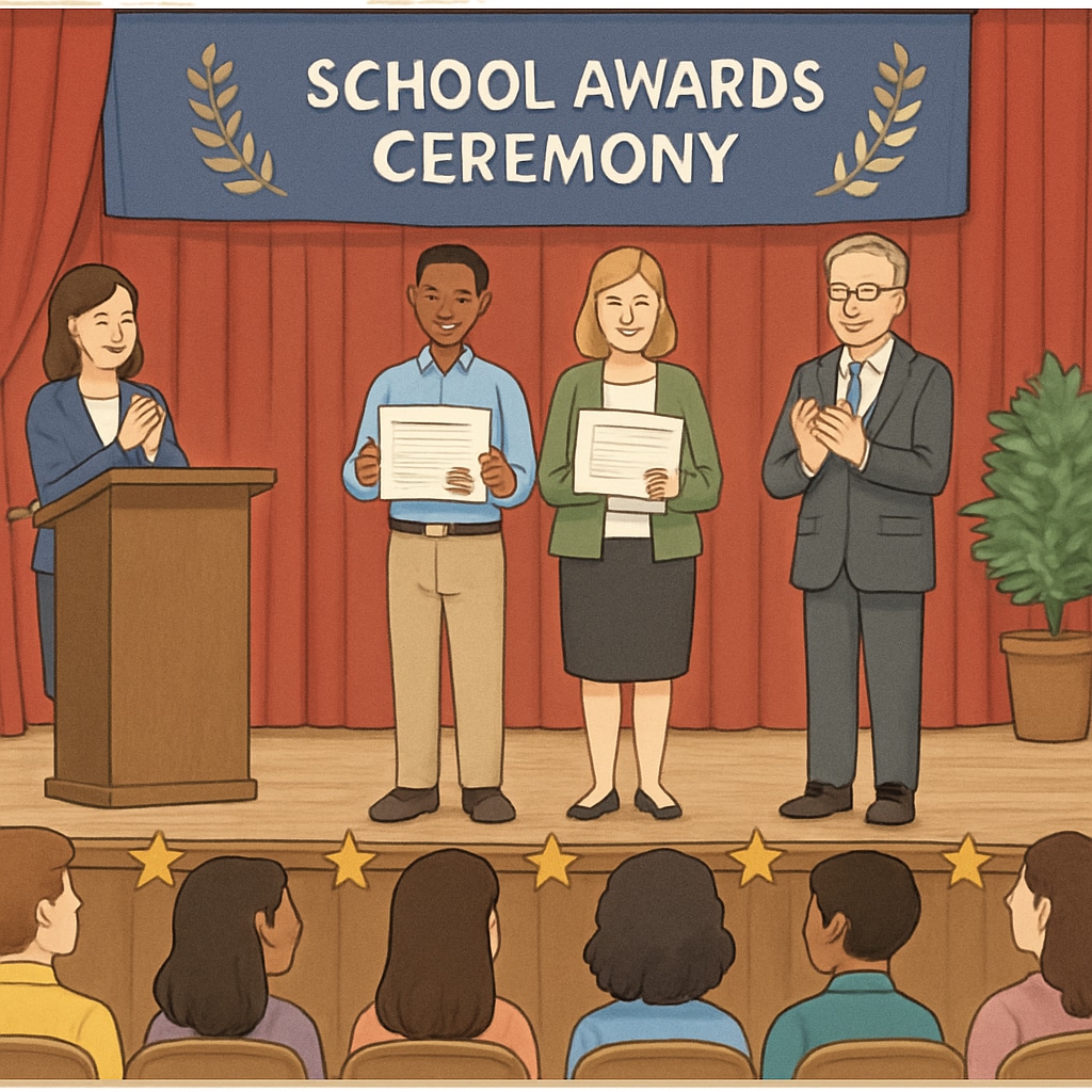 A school awards ceremony where financial contributors are visibly recognized, contrasting with students sitting in the audience. School awards ceremony showing disparities caused by economic-based rewards.