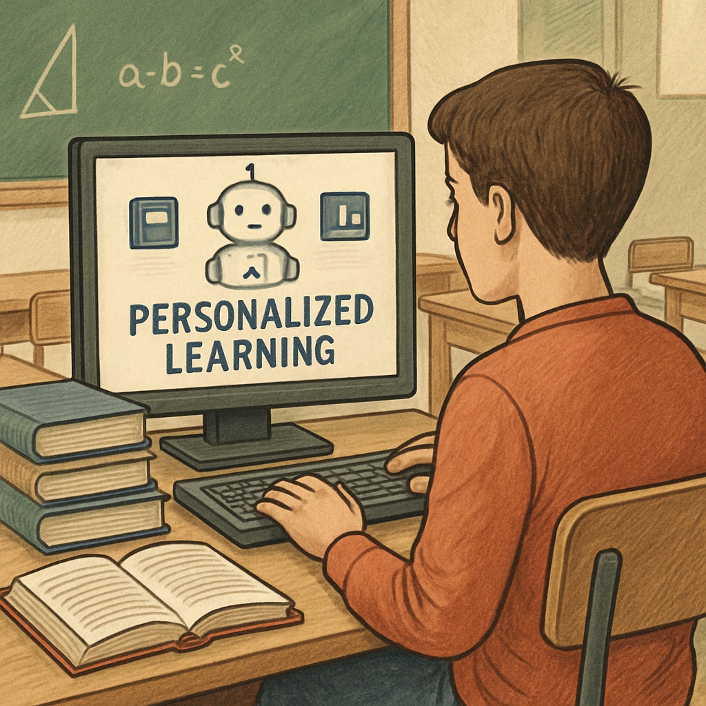 A student using AI-driven learning software on a computer in a classroom setting, symbolizing personalized learning. A student engaging with AI-driven personalized learning software in a classroom.
