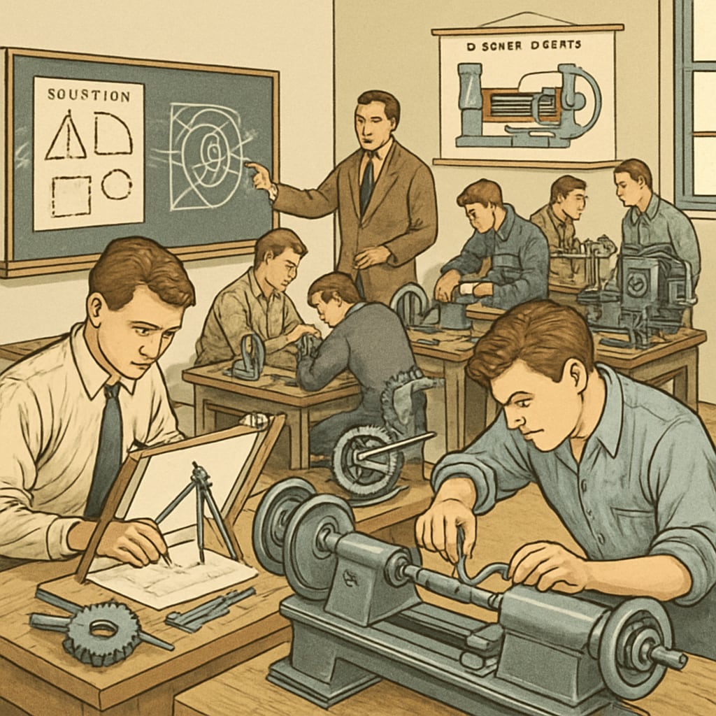 A historical depiction of industrial-era classrooms transitioning to technical education, showing students learning practical subjects such as engineering and mechanics. Industrial-era classroom highlighting the shift from classical education to technical training.