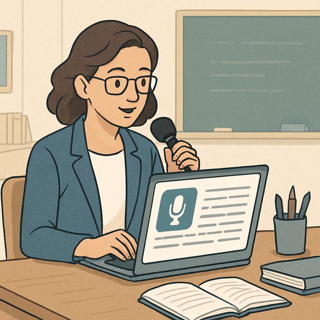 A teacher speaking into a microphone while using a voice-to-text application on her laptop. The image highlights the practical use of such technology in simplifying administrative tasks. Teacher using a voice-to-text app to improve efficiency and reduce administrative burden