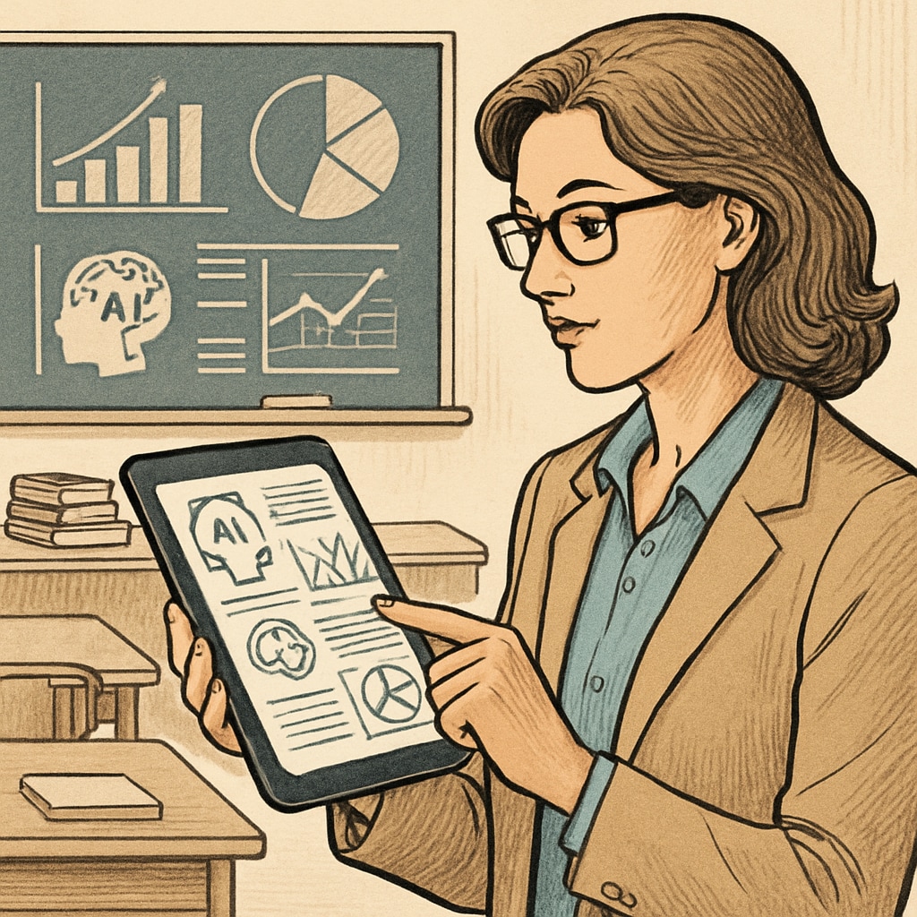 A teacher analyzing AI-generated analytics on a tablet, emphasizing the evolving role of educators. A teacher reviewing AI-generated analytics to improve student outcomes.