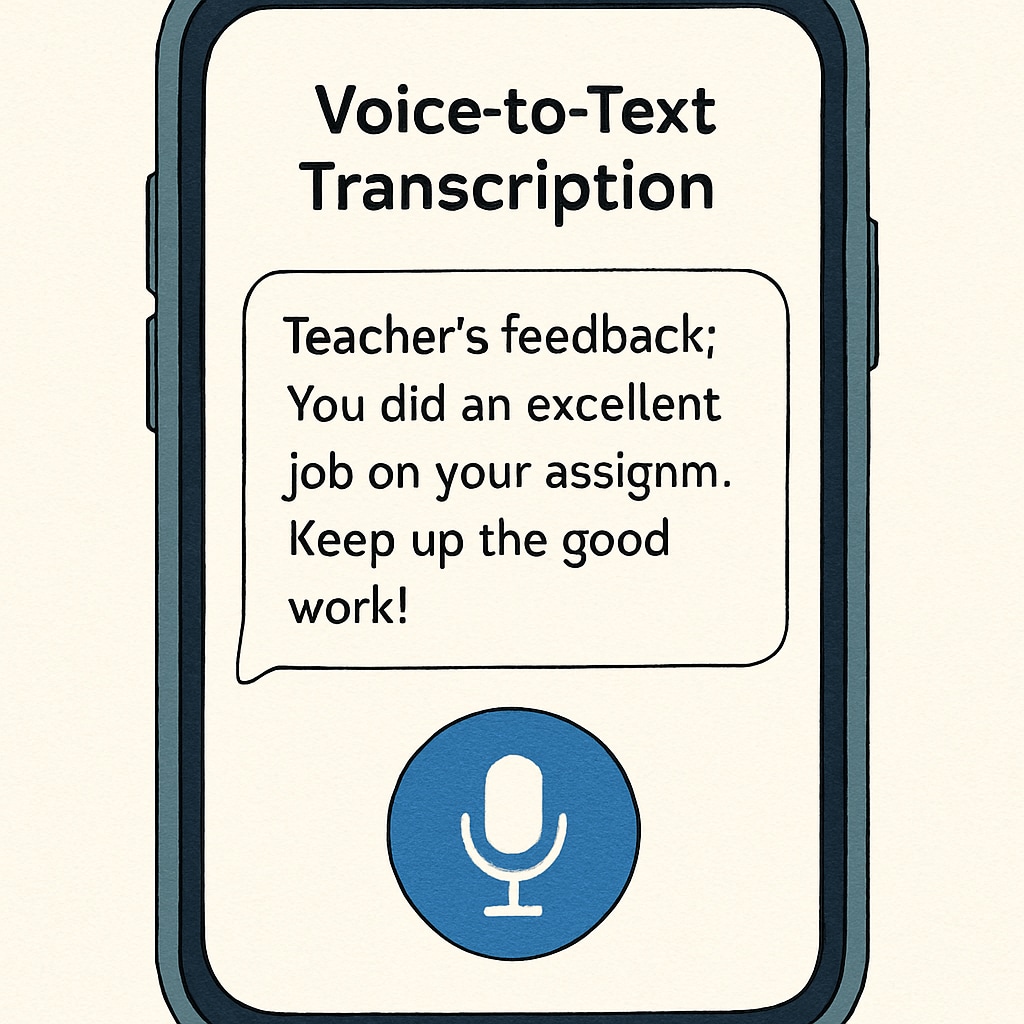 A close-up of a smartphone screen displaying a voice-to-text transcription of a teacher's feedback. This demonstrates how the tool aids in providing efficient feedback. Smartphone showing voice-to-text transcription for teacher feedback