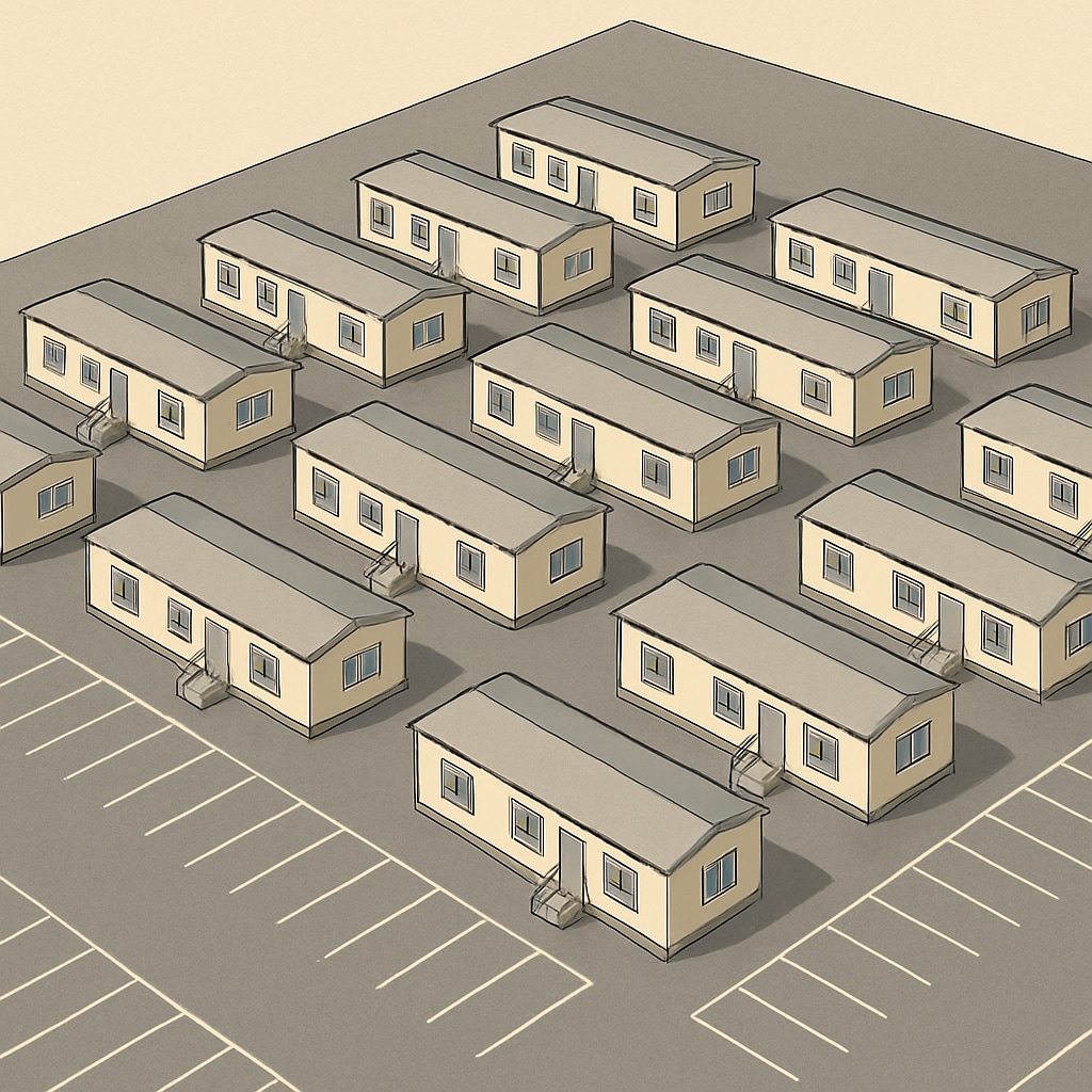 A temporary school campus featuring trailer classrooms surrounded by a parking lot, emphasizing the lack of playgrounds and outdoor facilities. Temporary school campus with trailers and no playgrounds.