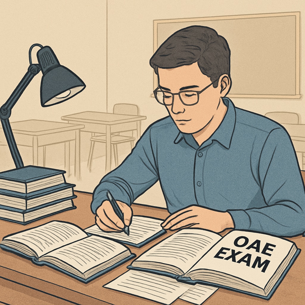 A student reviewing study materials at a desk, preparing for the OAE exam. Student preparing for the OAE exam with study materials on a desk.