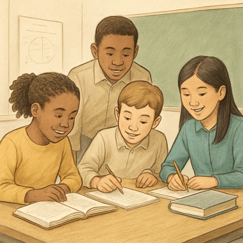 A group of students working collaboratively, highlighting the importance of equitable education without labels. Students collaborating without talent labels in an equitable learning environment