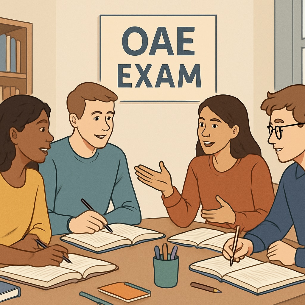 Group of students discussing and preparing for the OAE exam together in a study room. Group preparing collaboratively for the OAE exam with notes and resources.