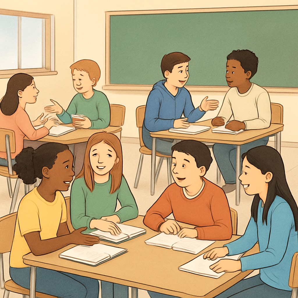 Students discussing in a classroom, showcasing character and critical thinking development.