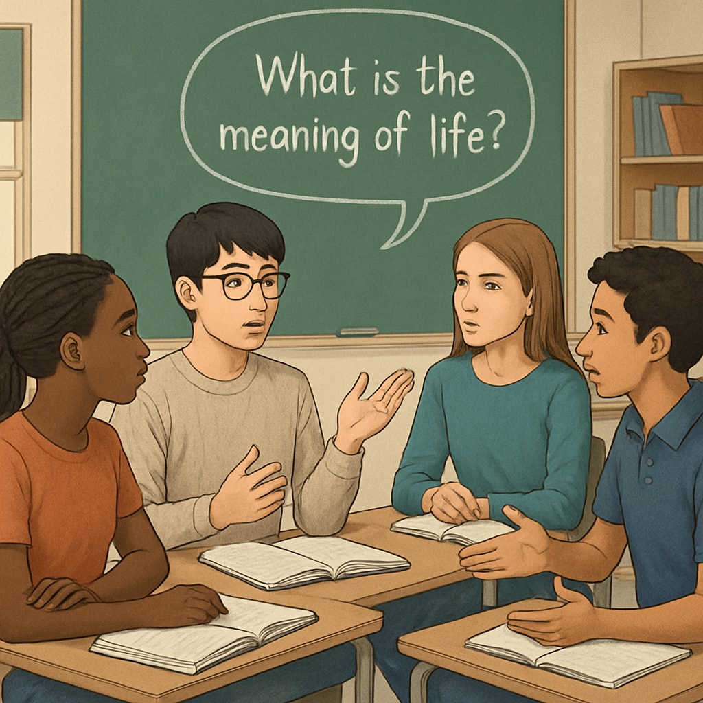 A group of diverse students discussing a philosophical question in a classroom setting. Students discussing philosophy and psychology in a classroom.