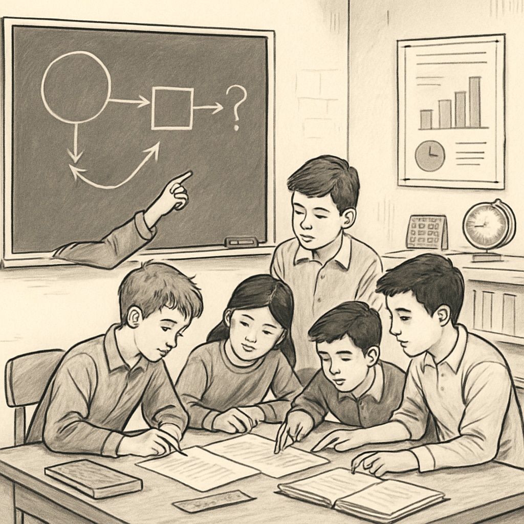 Teacher assisting students in a critical thinking exercise in a K12 classroom.