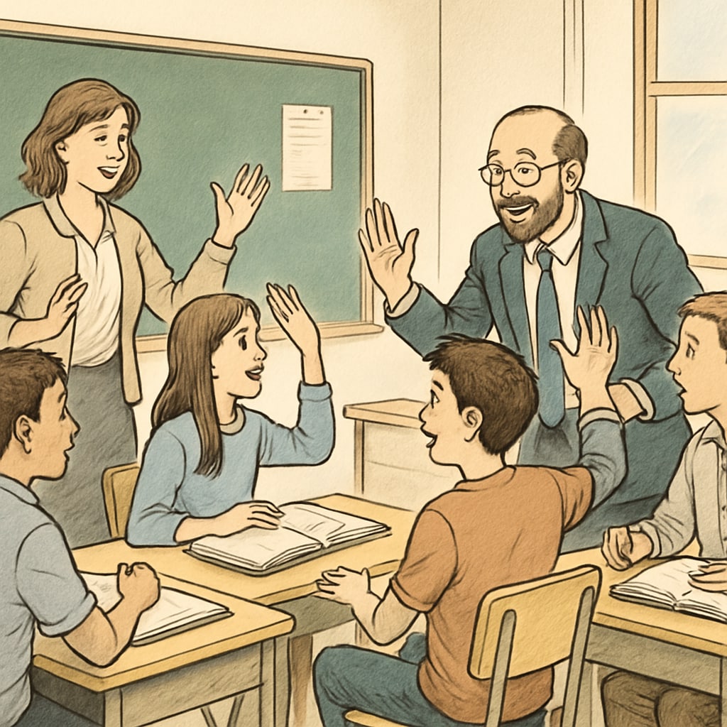 A classroom setting where students and teachers are actively engaging in a discussion, showcasing the dynamic of a learning community. Students and teachers discussing in a classroom, symbolizing a learning community.