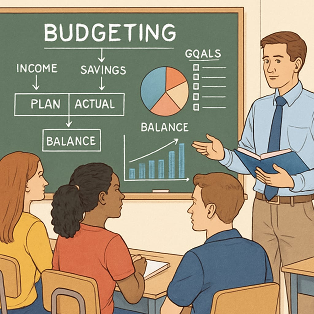 A group of students in a classroom learning about budgeting, with a chalkboard displaying charts and financial terms. Students learning financial literacy concepts in school classroom