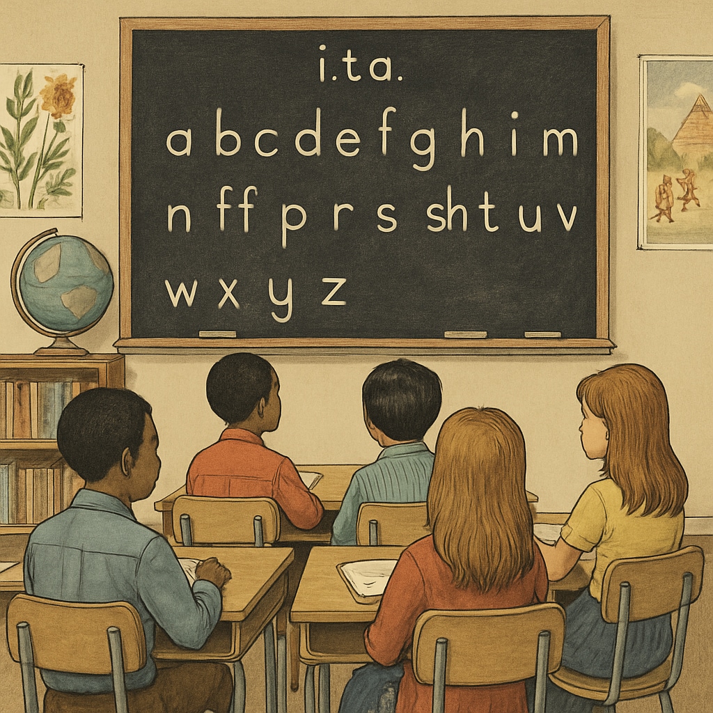 A classroom in the 1970s with students practicing the Initial Teaching Alphabet from a chalkboard. Students using the Initial Teaching Alphabet in a 1970s classroom.