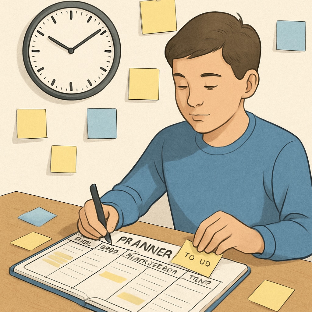 A student mapping out tasks on a planner, with sticky notes and a clock in the background. Student organizing tasks with planner and time management tools