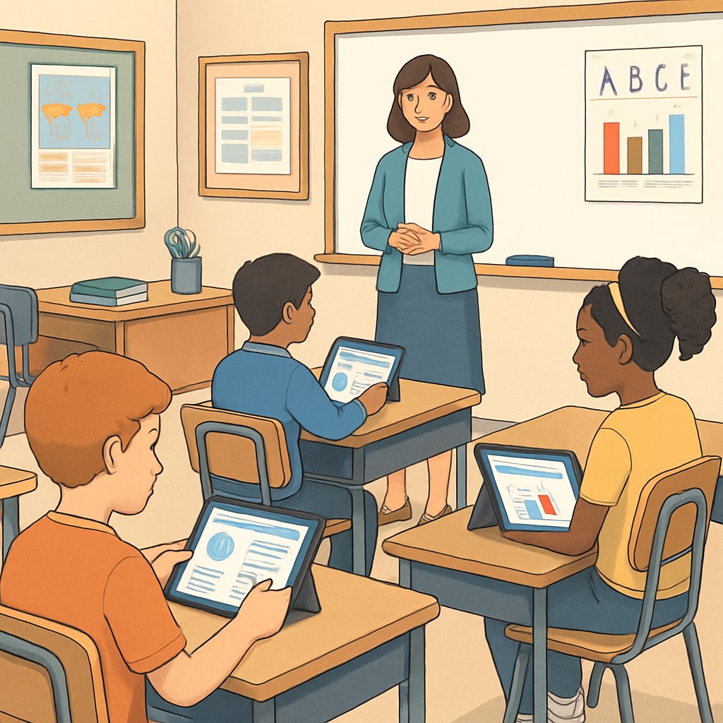Students using AI-powered tablets for personalized learning in a classroom.