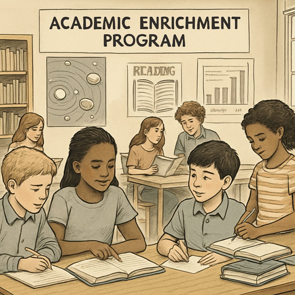 Gifted students working on challenging academic tasks in an enrichment setting.
