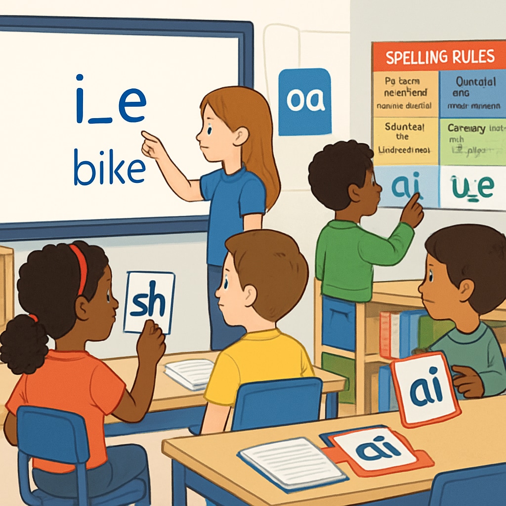A modern classroom with students learning phonics and spelling rules using interactive tools. Students in a modern classroom learning phonics and spelling rules.