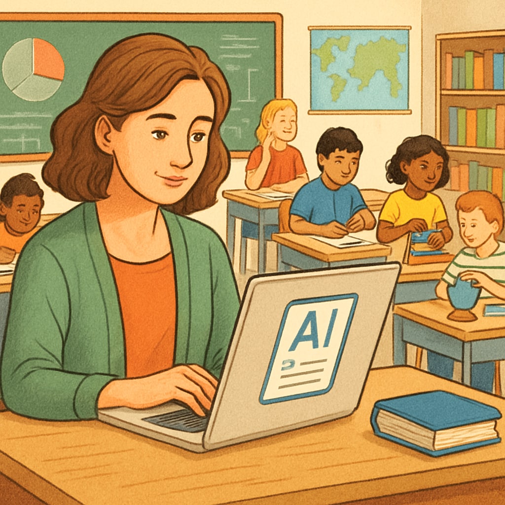 Teacher designing lesson plans with AI tools for K12 education.