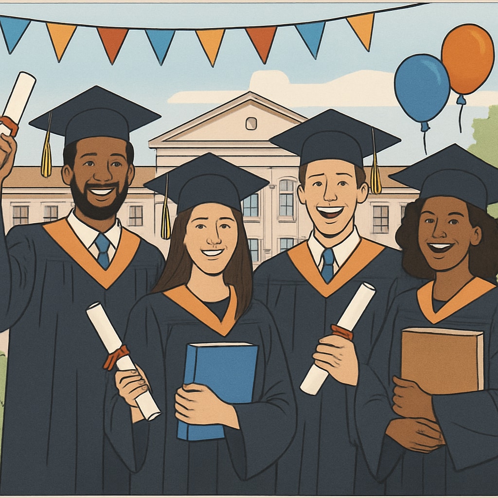 College students celebrating graduation after overcoming financial difficulties.