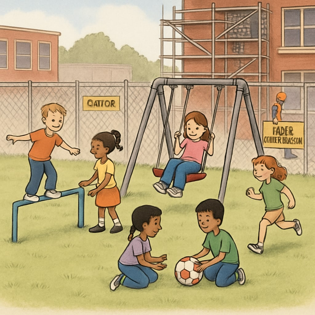 A group of elementary students playing in a small temporary playground during school renovation. The image highlights the limited activity space caused by campus constraints. Elementary students playing in a temporary playground during school renovation