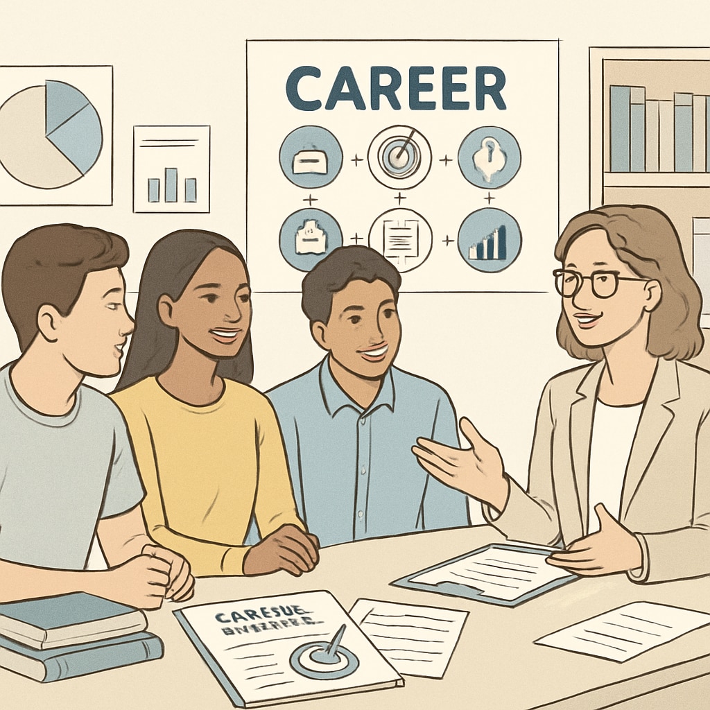 University students discussing their career interests with a counselor, surrounded by resources such as books and career planning tools. University students seeking career guidance to overcome academic motivation challenges.