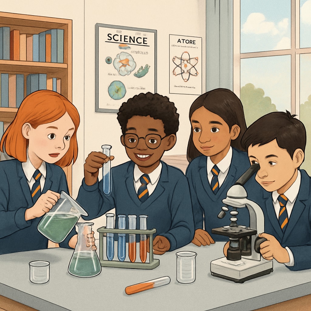 A group of students engaging in a hands-on science experiment at a private school classroom. Private school students conducting a science experiment, highlighting education quality.