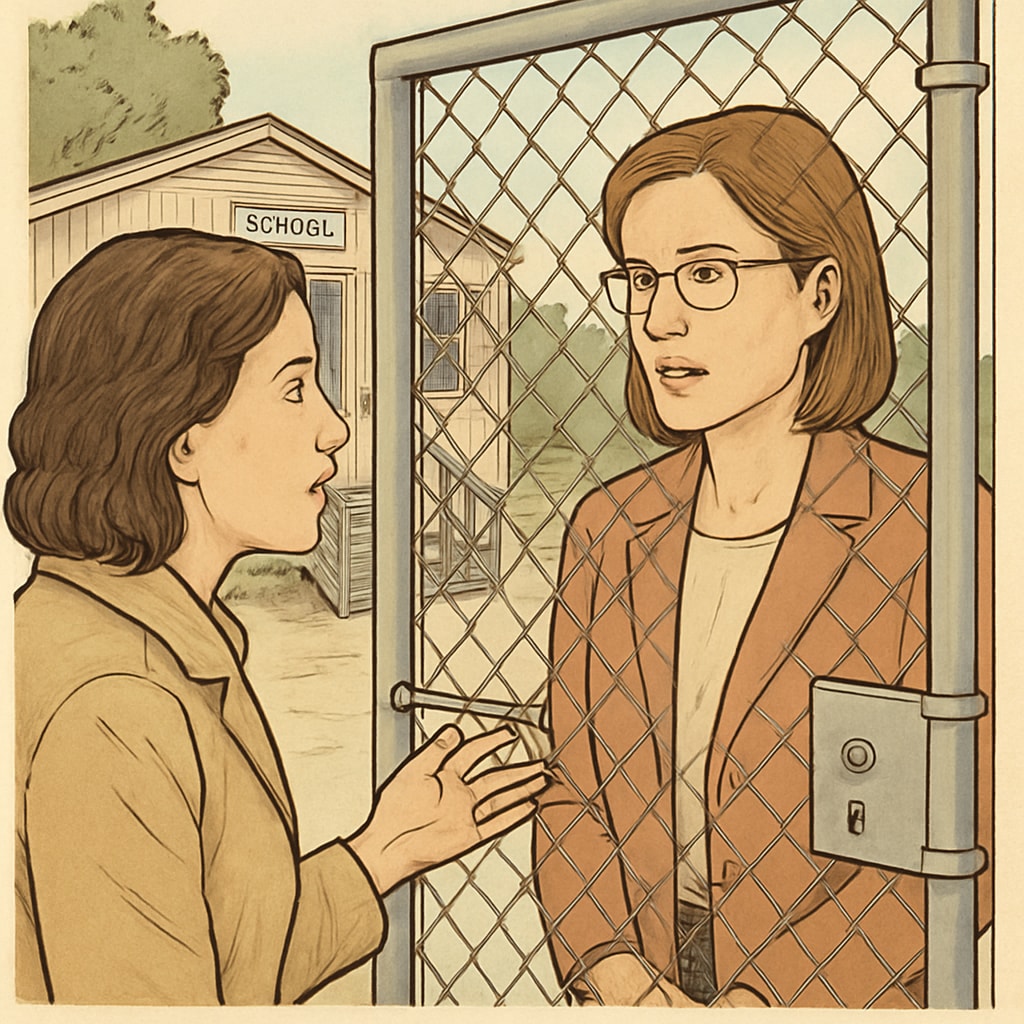 A concerned parent speaking to a teacher through a security gate at a temporary school campus. The image illustrates restricted parental engagement during renovation periods. Parent speaking to a teacher through a security gate at a temporary campus