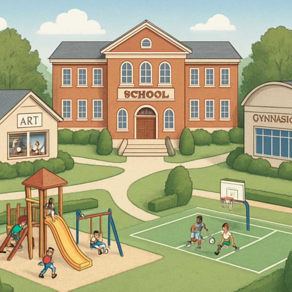 A well-maintained private school campus featuring arts and sports facilities. Private school campus with facilities showcasing public vs. private school attributes.