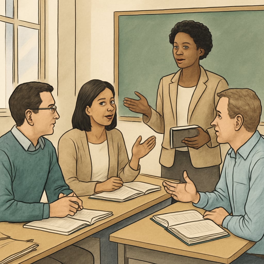 Adults in a classroom discussing formal education options.