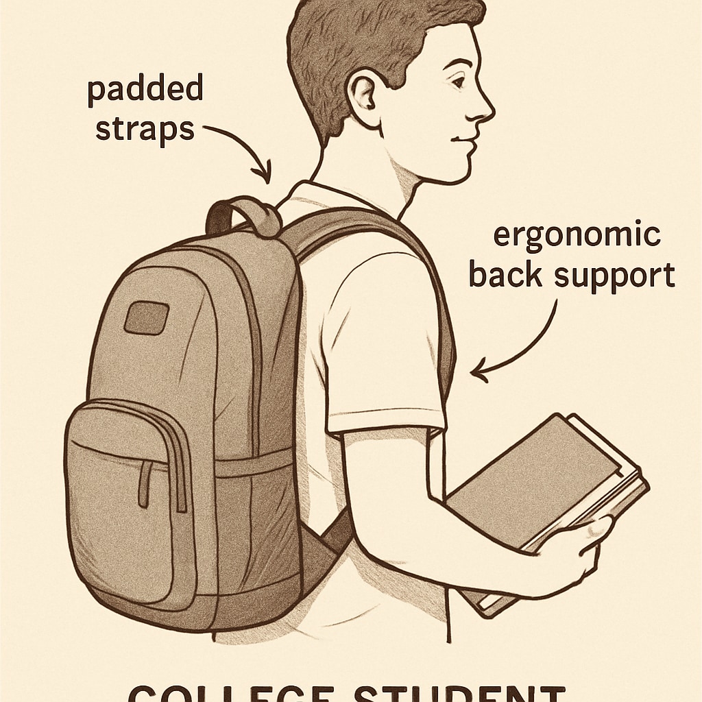 A college student wearing a backpack with padded straps and ergonomic back support. Ergonomic college backpack with padded straps and back support.