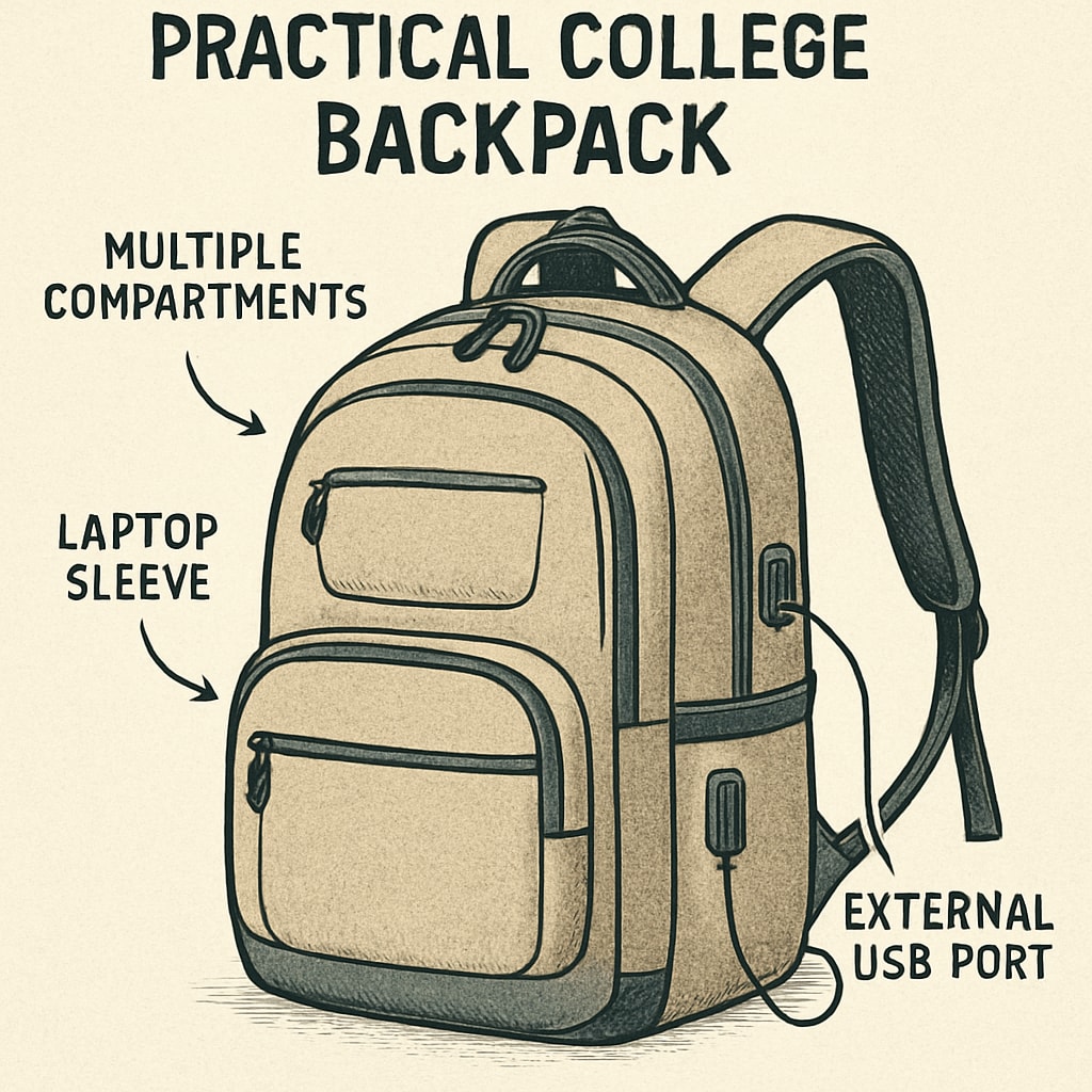 A practical college backpack with various compartments and features, such as a laptop sleeve and external USB port. Functional college backpack with multiple compartments and USB port.