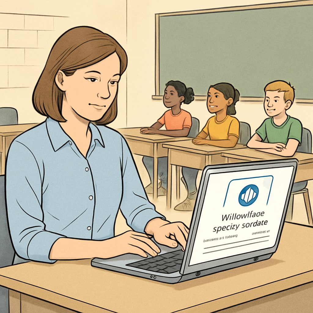 An image of a teacher using a speech recognition tool such as WillowVoice on a laptop in a classroom environment, highlighting its practical application in education. Speech recognition tool WillowVoice being used by a teacher in a classroom setting to streamline education workflows and teaching feedback.